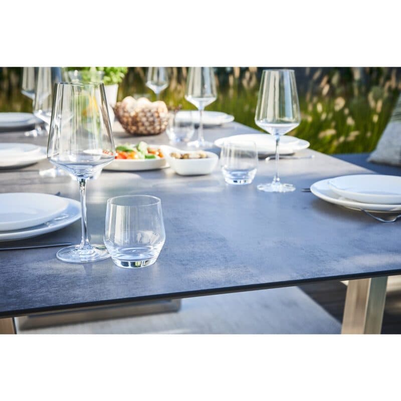 CASA DOMA "Aragona/Falerna/Mineo" Diningset, Gestelle Edelstahl gebürstet, Stühle Sitzfläche & Rückenlehne Sunproof® Sling schwarz/silber, Polster Tuvatextil®, Tischplatte HPL, 210x100 cm