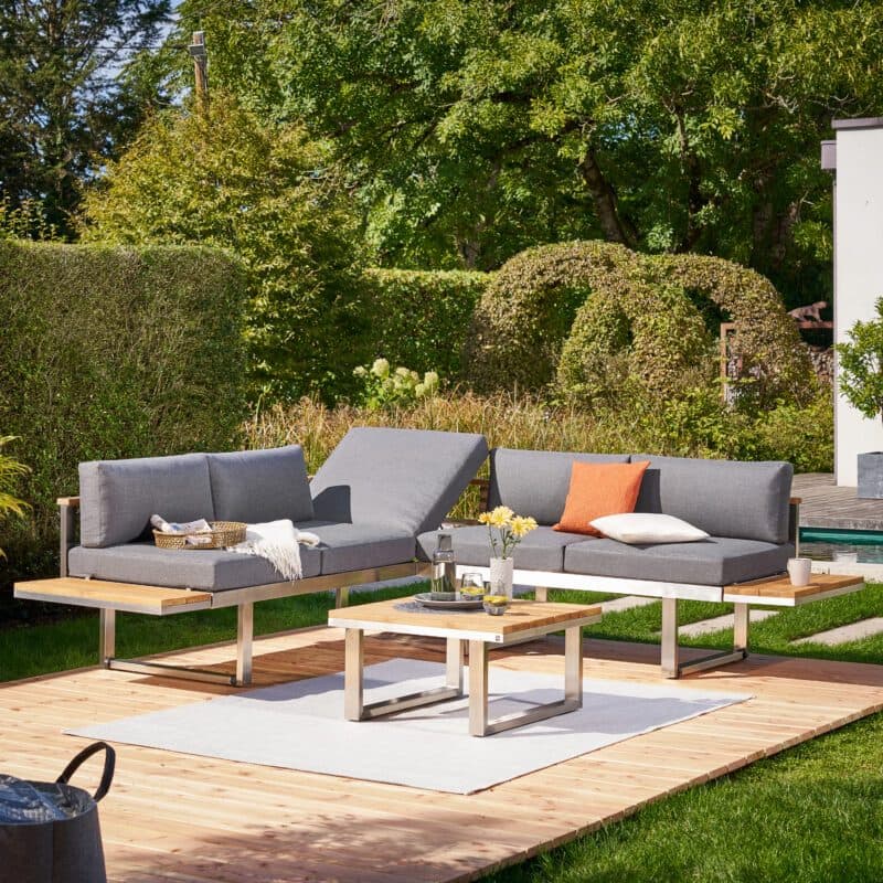 CASA DOMA "Aragona" Loungeset 3-teilig, Polster Tuvatextil® Panama grafito, Edelstahl gebürstet, Tischplatte Teak