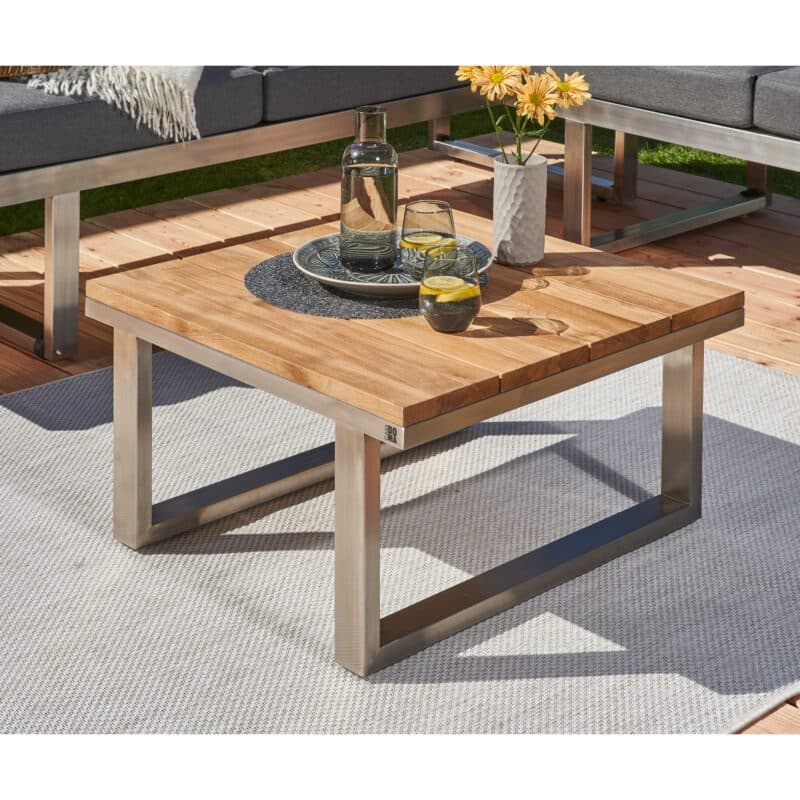 CASA DOMA "Aragona" Loungetisch 72x72cm, Höhe 39cm, Edelstahl gebürstet, Tischplatte Teak