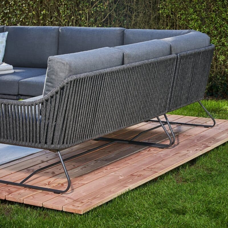 CASA DOMA "Ribera" Eckloungeset 6tlg., L-Form, Kufengestell Edelstahl anthrazit, Rope anthrazit (vertikal breit), Polster Tuvatextil® Panama grafito, Loungetisch "Arista", Aluminium anthrazit