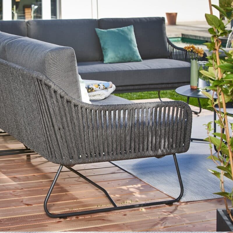 CASA DOMA "Ribera" Eckloungeset 6tlg., L-Form, Kufengestell Edelstahl anthrazit, Rope anthrazit (vertikal breit), Polster Tuvatextil® Panama grafito, Loungetisch "Arista", Aluminium anthrazit