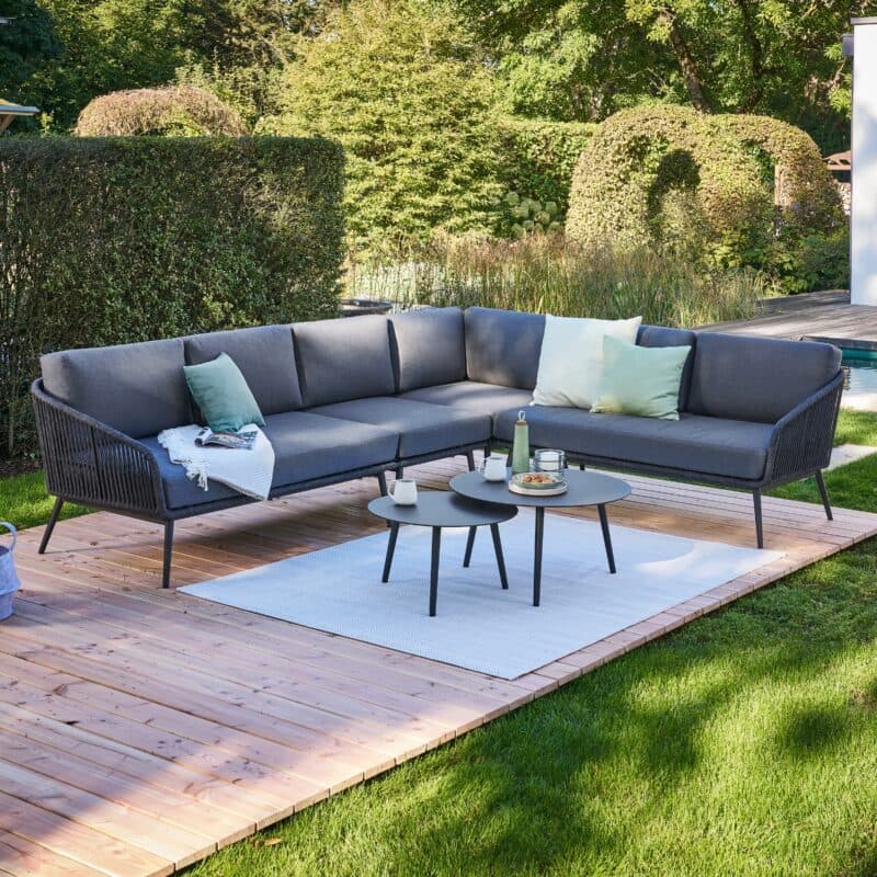 CASA DOMA "Ribera" Eckloungeset 6tlg., Rundform, Rundrohr-Beine Edelstahl anthrazit, Rope anthrazit (vertikal breit), Polster Tuvatextil® Panama grafito, Loungetisch "Arista", Aluminium anthrazit - links