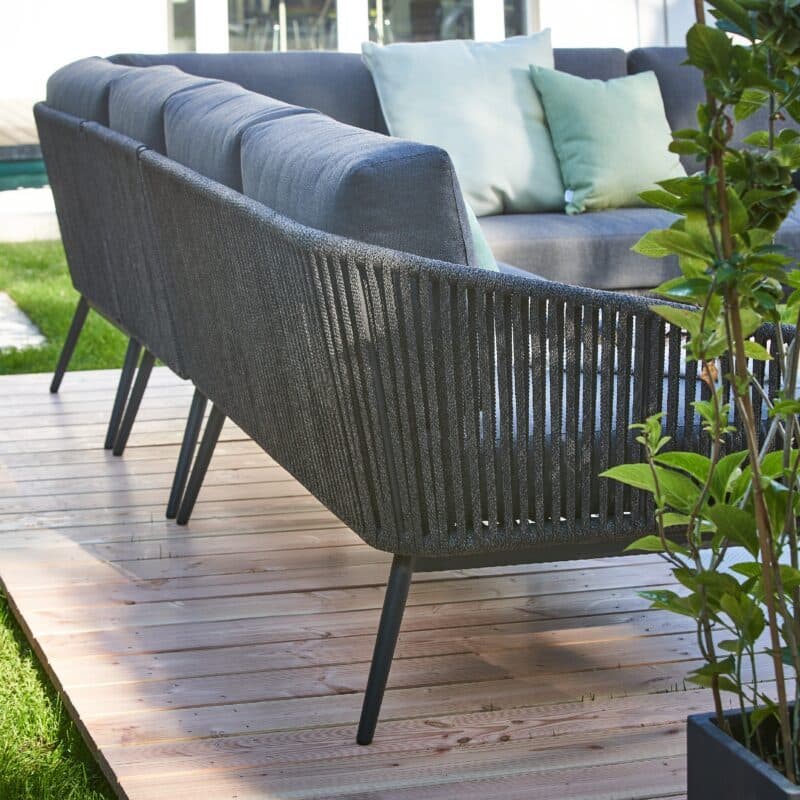 CASA DOMA "Ribera" Eckloungeset 6tlg., Rundform, Rundrohr-Beine Edelstahl anthrazit, Rope anthrazit (vertikal breit), Polster Tuvatextil® Panama grafito, Loungetische "Arista", Aluminium anthrazit