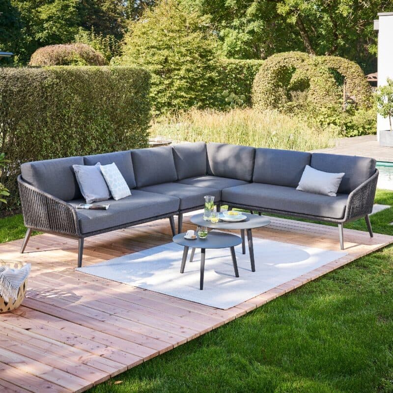 CASA DOMA "Ribera" Eckloungeset 6tlg., Rundform, Vierkant-Beine Edelstahl anthrazit, Rope anthrazit (vertikal breit), Polster Tuvatextil® Panama grafito, Loungetische "Arista", Aluminium anthrazit - links