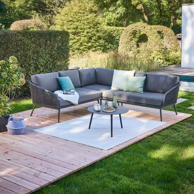CASA DOMA "Ribera" Eckloungeset, Rundform, Rundrohr-Beine Edelstahl anthrazit, Rope anthrazit (vertikal breit), Polster Tuvatextil® Panama grafito, Loungetisch "Arista" Ø 75 cm, Aluminium anthrazit