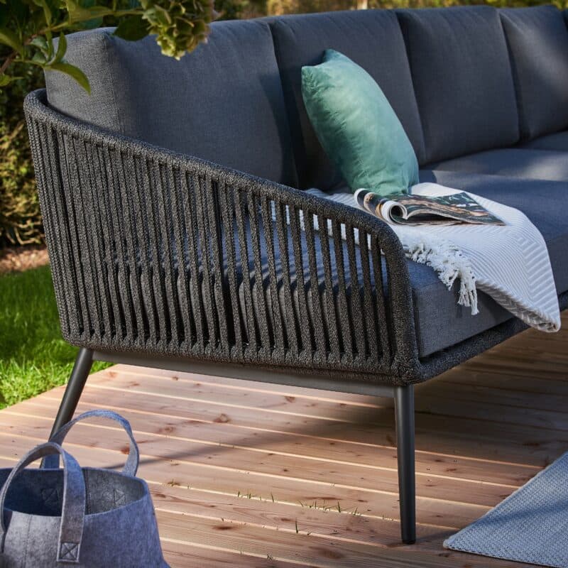 CASA DOMA "Ribera" Eckloungeset, Rundform, Rundrohr-Beine Edelstahl anthrazit, Rope anthrazit (vertikal breit), Polster Tuvatextil® Panama grafito, Loungetisch "Arista", Aluminium anthrazit