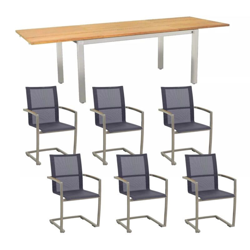 CASA DOMA "Mineo/Varano" Gartenmöbel-Set 7-tlg., Gestelle Edelstahl gebürstet, Sitzfläche Textilgewebe Sunproof® Sling schwarz/silber, Armlehnen Teak, Ausziehtisch mit Tischplatte Teak 210/310x100 cm