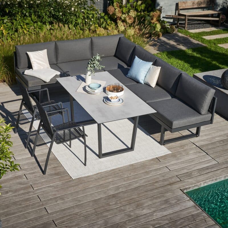 CASA DOMA "Aragona/Falerna/Mineo" Diningset, Ecklounge mit Gestell Alu anthrazit und Rope, Polster Tuvatextil® Panama grafito, Stühle mit Gestell Edelstahl anhrazit und Rope und Tisch mit Gestell Edelstahl anthrazit und HPL-Platte Chromix silber - rechts