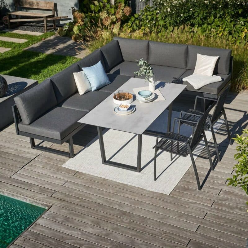 CASA DOMA "Aragona/Falerna/Mineo" Diningset, Ecklounge mit Gestell Alu anthrazit und Rope, Polster Tuvatextil® Panama grafito, Stühle mit Gestell Edelstahl anhrazit und Rope und Tisch mit Gestell Edelstahl anthrazit und HPL-Platte Chromix silber - links