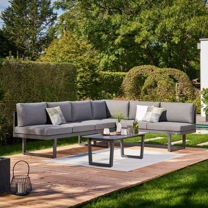 CASA DOMA "Aragona/Falerna" Loungeset 3-tlg., Sitzmöbel Aluminium anthrazit, Polster Tuvatextil® Panama grafito, Loungetisch Edelstahl anthrazit mit HPL-Tischplatte, Sitzhöhe 49 cm
