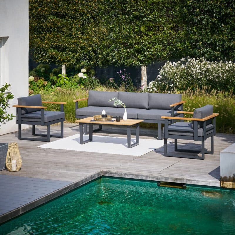 CASA DOMA "Aragona/Falerna" Loungeset 4-tlg., Sitzmöbel Aluminium anthrazit, Polster Tuvatextil® Panama grafito, Loungetisch Edelstahl anthrazit mit Teakholzplatte, Sitzhöhe 49 cm