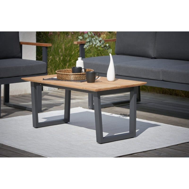 CASA DOMA "Aragona/Falerna" Loungeset 4-tlg., Sitzmöbel Aluminium anthrazit, Polster Tuvatextil® Panama grafito, Loungetisch Edelstahl anthrazit mit Teakholzplatte, Sitzhöhe 49 cm