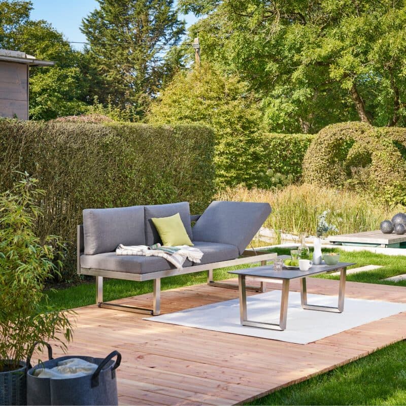 CASA DOMA "Aragona/Falerna" Loungeset 2-teilig, Loungebank inkl. Sitz-/Rückenkissen Tuvatextil® Panama grafito, Gestelle Edelstahl, Tischplatte HPL
