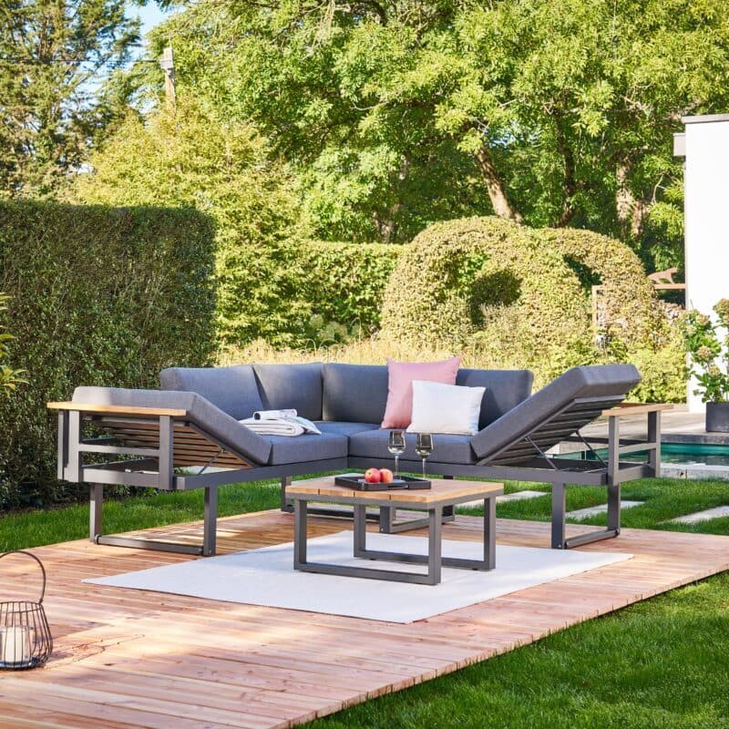 CASA DOMA "Aragona" Loungeset 3-tlg., Gestelle Aluminium anthrazit, Teakleiste an Arm- und Rückenlehne, Polster Tuvatextil® Panama grafito, Loungetisch mit Teakplatte