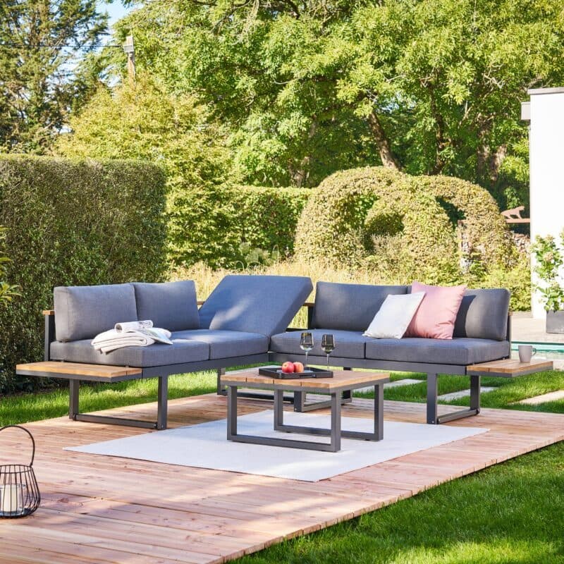 CASA DOMA "Aragona" Loungeset 3-tlg., Gestelle Aluminium anthrazit, Polster Tuvatextil® Panama grafito, Teakablagen, Loungetisch mit Teakplatte