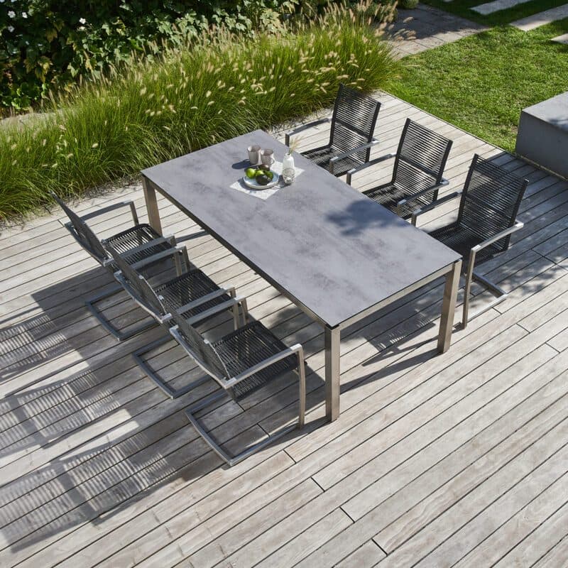 CASA DOMA "Mineo/Carini" Gartenmöbel-Set 7-tlg., Gestelle Edelstahl gebürstet, Sitzfläche Rope anthrazit, Armlehnen Alu, Tischplatte HPL, 210x100 cm