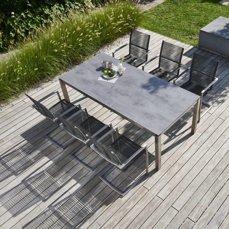CASA DOMA "Mineo/Carini" Gartenmöbel-Set 7-tlg., Gestelle Edelstahl gebürstet, Sitzfläche Rope anthrazit, Armlehnen Alu, Tischplatte HPL, 210x100 cm