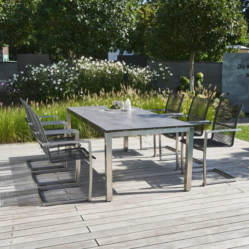 CASA DOMA "Mineo/Carini" Gartenmöbel-Set 7-tlg., Gestelle Edelstahl gebürstet, Sitzfläche Rope anthrazit, Armlehnen Alu, Tischplatte HPL, 210x100 cm