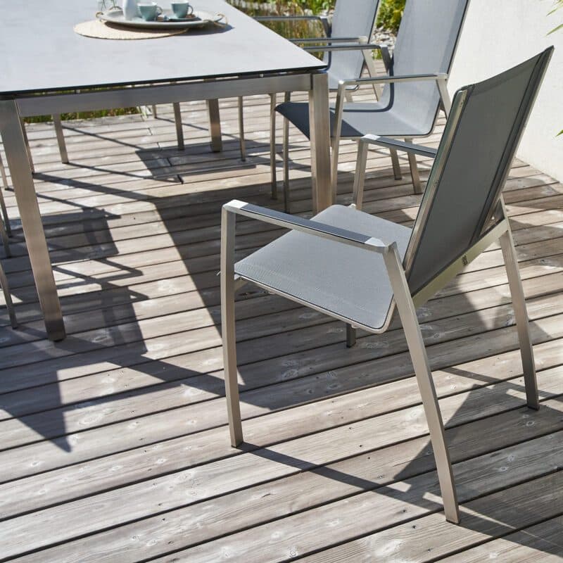 CASA DOMA "Mineo/Carini" Gartenmöbel-Set 7-tlg., Gestelle Edelstahl gebürstet, Sitzfläche Textilgewebe Sunproof® Sling schwarz/silber, Armlehnen Alu, Tischplatte HPL, 160x90 cm