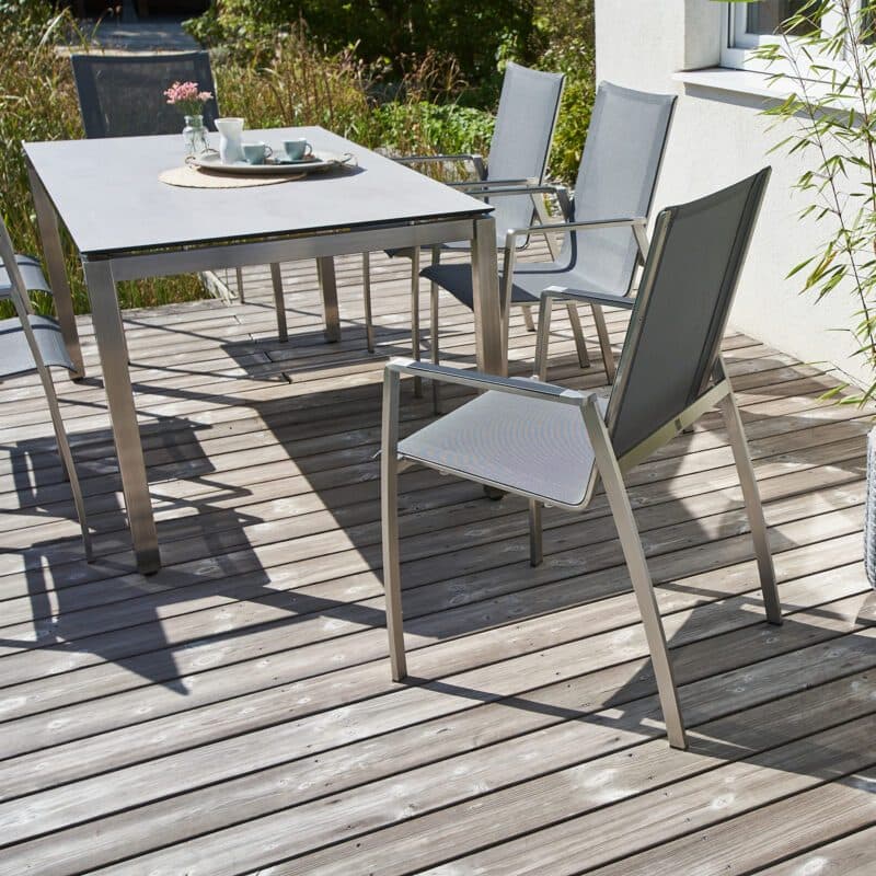 CASA DOMA "Mineo/Carini" Gartenmöbel-Set 7-tlg., Gestelle Edelstahl gebürstet, Sitzfläche Textilgewebe Sunproof® Sling schwarz/silber, Armlehnen Alu, Tischplatte HPL, 160x90 cm