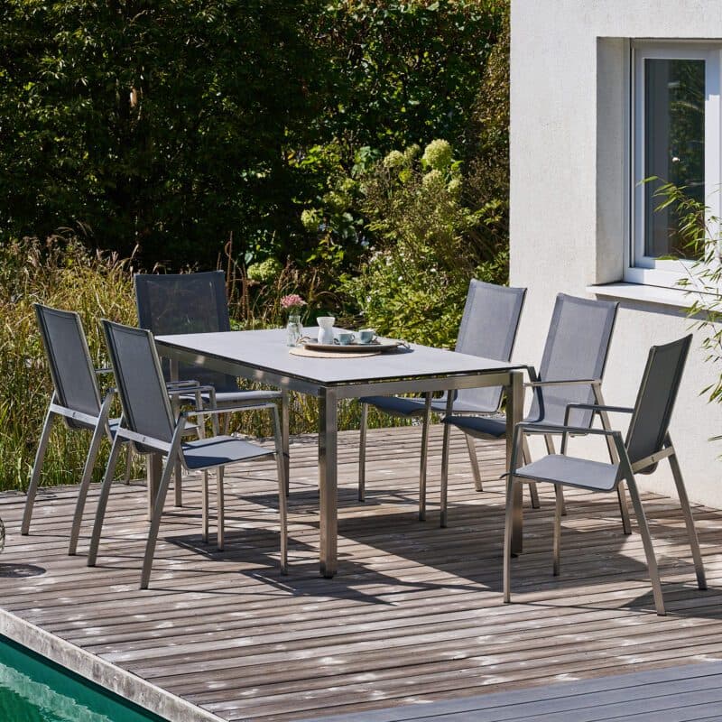 CASA DOMA "Mineo/Carini" Gartenmöbel-Set 7-tlg., Gestelle Edelstahl gebürstet, Sitzfläche Textilgewebe Sunproof® Sling schwarz/silber, Armlehnen Alu, Tischplatte HPL, 160x90 cm