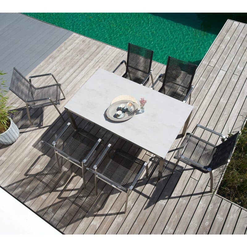 CASA DOMA "Mineo/Carini" Gartenmöbel-Set 7-tlg., Gestelle Edelstahl gebürstet, Sitzfläche Rope anthrazit, Armlehnen Alu, Tischplatte HPL, 160x90 cm