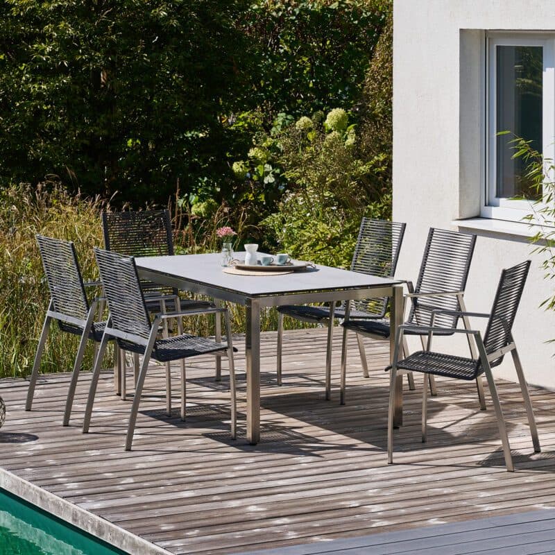 CASA DOMA "Mineo/Carini" Gartenmöbel-Set 7-tlg., Gestelle Edelstahl gebürstet, Sitzfläche Rope anthrazit, Armlehnen Alu, Tischplatte HPL, 160x90 cm