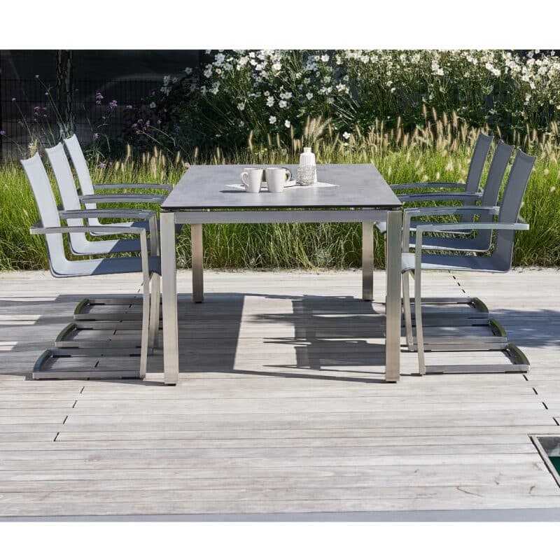 CASA DOMA "Mineo/Carini" Gartenmöbel-Set 7-tlg., Gestelle Edelstahl gebürstet, Sitzfläche Textilgewebe Sunproof® Sling schwarz/silber, Armlehnen Alu, Tischplatte HPL, 210x100 cm