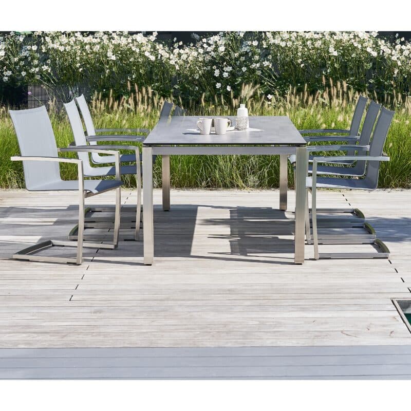 CASA DOMA "Mineo/Carini" Gartenmöbel-Set 7-tlg., Gestelle Edelstahl gebürstet, Sitzfläche Textilgewebe Sunproof® Sling schwarz/silber, Armlehnen Alu, Tischplatte HPL, 210x100 cm