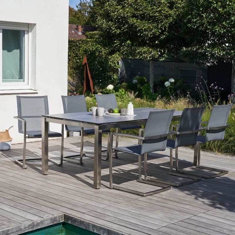 CASA DOMA "Mineo/Carini" Gartenmöbel-Set 7-tlg., Gestelle Edelstahl gebürstet, Sitzfläche Textilgewebe Sunproof® Sling schwarz/silber, Armlehnen Alu, Tischplatte HPL, 210x100 cm