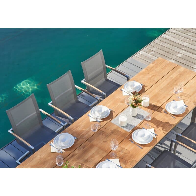 CASA DOMA "Mineo/Varano" Gartenmöbel-Set 7-tlg., Gestelle Edelstahl gebürstet, Sitzfläche Textilgewebe Sunproof® Sling schwarz/silber, Armlehnen Teak, Ausziehtisch mit Tischplatte Teak 210/310x100 cm