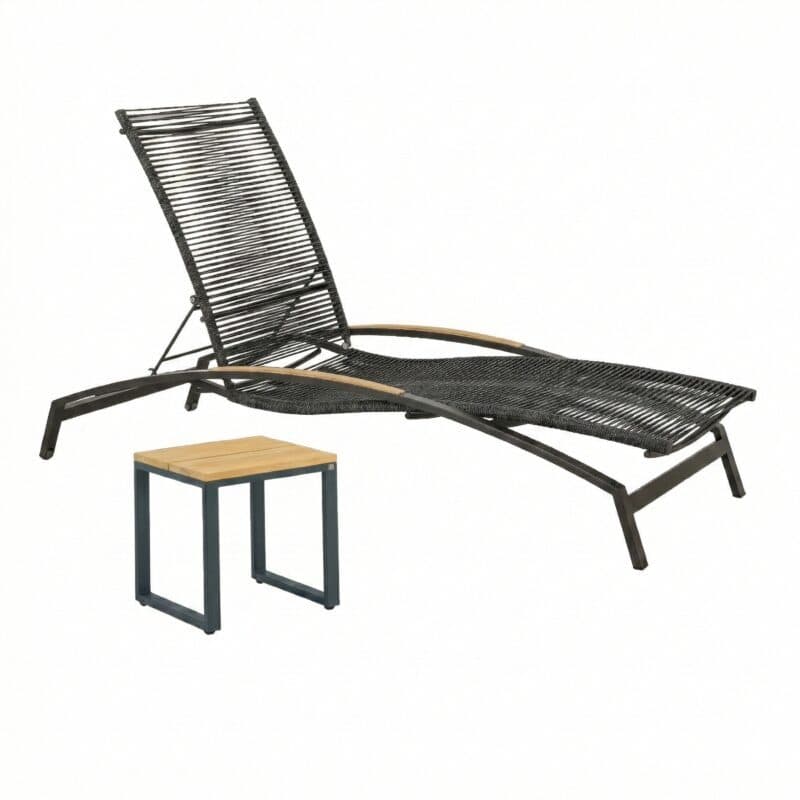 CASA DOMA “Mineo/Macari“ Set 2-teilig mit Sonnenliege Edelstahl/Rope anthrazit, Armlehnen Teak, Beistelltisch Alu/Teak