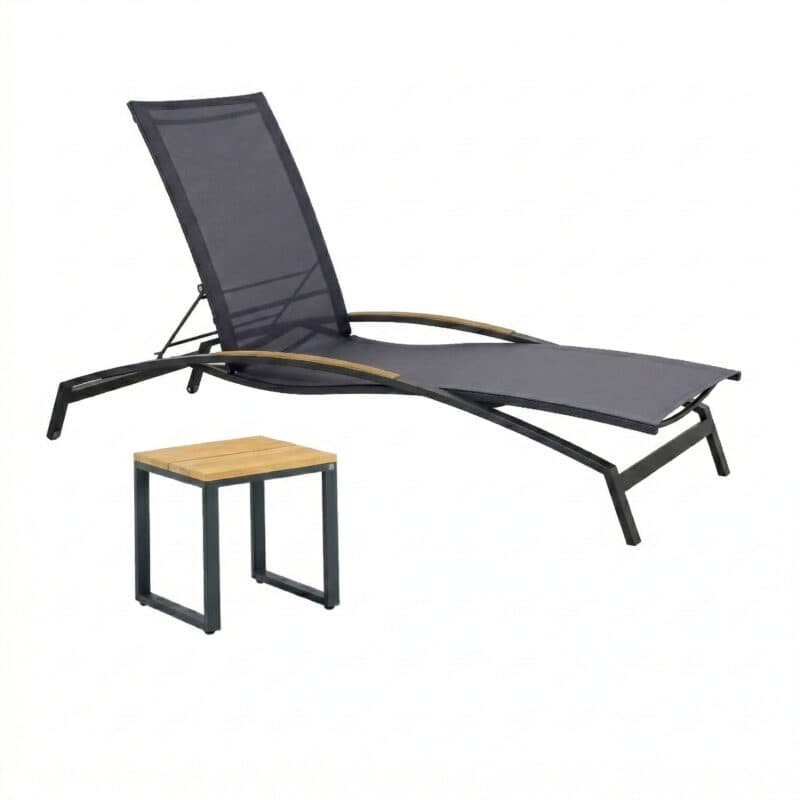 CASA DOMA “Mineo/Macari“ Set 2-teilig mit Sonnenliege Edelstahl anthrazit, Sunproof® Sling schwarz/silber, Armlehnen Teak, Beistelltisch Alu/Teak