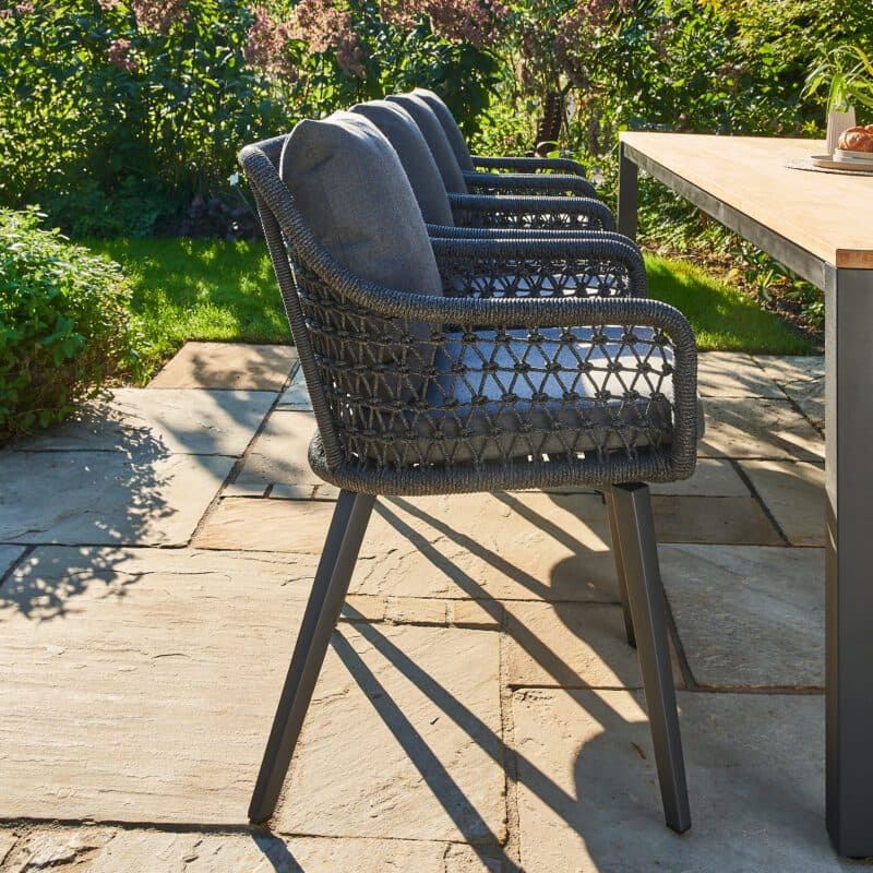 CASA DOMA "Ribera" Diningsessel L-Form, Vierkant-Beine Edelstahl anthrazit, Sitz Rope anthrazit (Knoten), Kissen Tuvatextil® Panama grafito