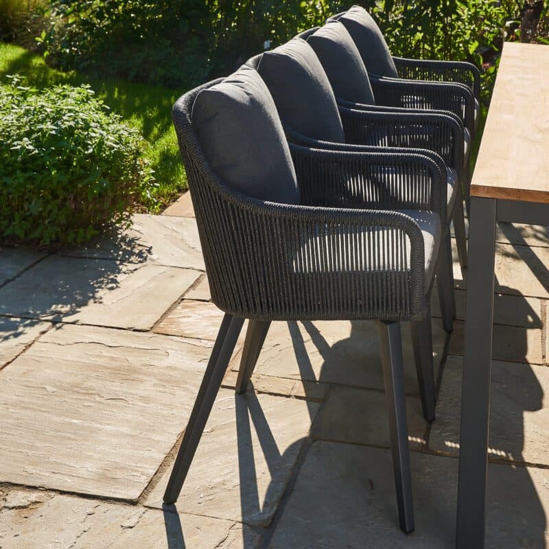 CASA DOMA "Ribera" Diningsessel L-Form, Vierkant-Beine Edelstahl anthrazit, Sitz Rope anthrazit (vertikal rund), Kissen Tuvatextil® Panama grafito