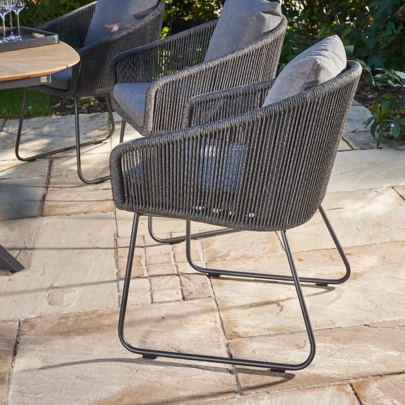 CASA DOMA "Ribera" Diningsessel Rundform, Kufengestell Edelstahl anthrazit, Sitz Rope anthrazit (vertikal rund), Kissen Tuvatextil® Panama grafito