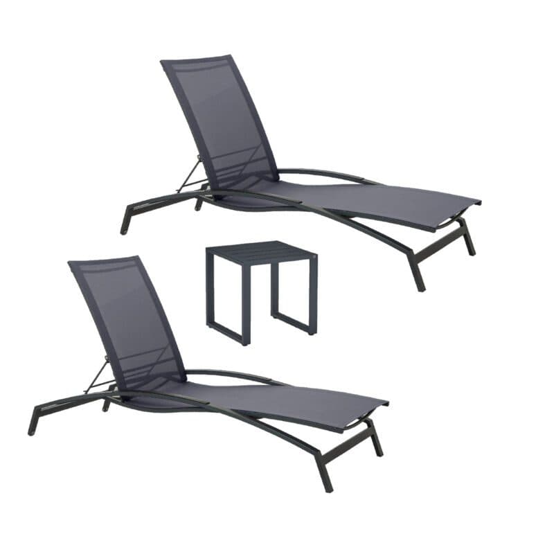 CASA DOMA “Mineo/Macari“ Set 3-teilig mit Sonnenliegen Edelstahl anthrazit, Sunproof® Sling schwarz/silber, Armlehnen Alu, Beistelltisch Alu anthrazit