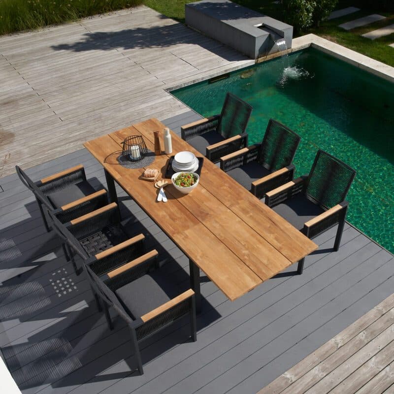 CASA DOMA “Carpino/Varano“ Gartenmöbel-Set, Ausziehtisch 160/260x90 cm, Edelstahl anthrazit & Teak, Sessel Alu/Rope anthrazit, Armlehnen Teak, inkl. Kissen