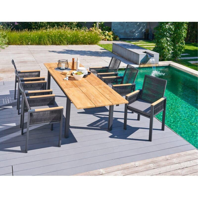 CASA DOMA “Carpino/Varano“ Gartenmöbel-Set, Ausziehtisch 160/260x90 cm, Edelstahl anthrazit & Teak, Sessel Alu/Rope anthrazit, Armlehnen Teak, inkl. Kissen