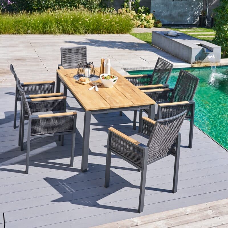 CASA DOMA “Carpino/Varano“ Gartenmöbel-Set, Ausziehtisch 160/260x90 cm, Edelstahl anthrazit & Teak, Sessel Alu/Rope anthrazit, Armlehnen Teak, inkl. Kissen