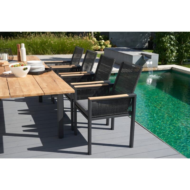 CASA DOMA “Carpino/Varano“ Gartenmöbel-Set, Ausziehtisch 160/260x90 cm, Edelstahl anthrazit & Teak, Sessel Alu/Rope anthrazit, Armlehnen Teak, inkl. Kissen