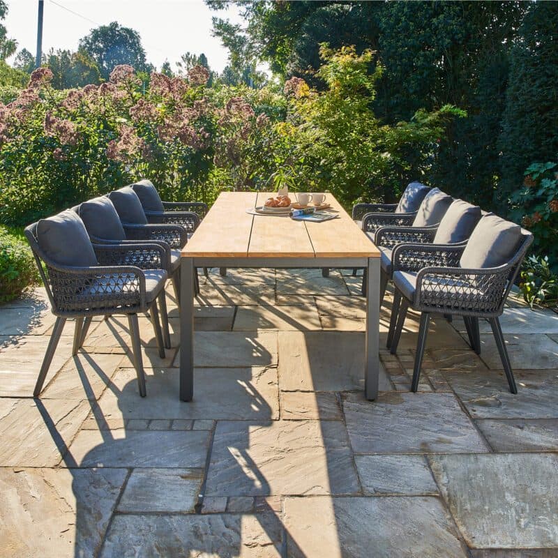 CASA DOMA "Varano/Ribera" Diningset 9-tlg, Gestelle Alu anthrazit, Tischgröße 260x100 cm, Tischplatte Teak, Diningsessel L-Form, Vierkant-Beine, Sitz Rope anthrazit (Knoten), Kissen Tuvatextil® Panama grafito