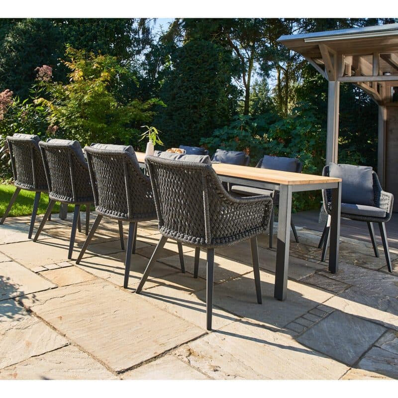 CASA DOMA "Varano/Ribera" Diningset 9-tlg, Gestelle Alu anthrazit, Tischgröße 260x100 cm, Tischplatte Teak, Diningsessel L-Form, Vierkant-Beine, Sitz Rope anthrazit (Raute), Kissen Tuvatextil® Panama grafito