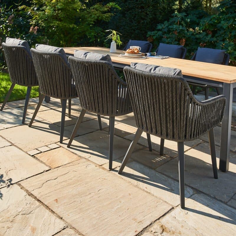 CASA DOMA "Varano/Ribera" Diningset 9-tlg, Gestelle Alu anthrazit, Tischgröße 260x100 cm, Tischplatte Teak, Diningsessel L-Form, Vierkant-Beine, Sitz Rope anthrazit (vertikal breit), Kissen Tuvatextil® Panama grafito