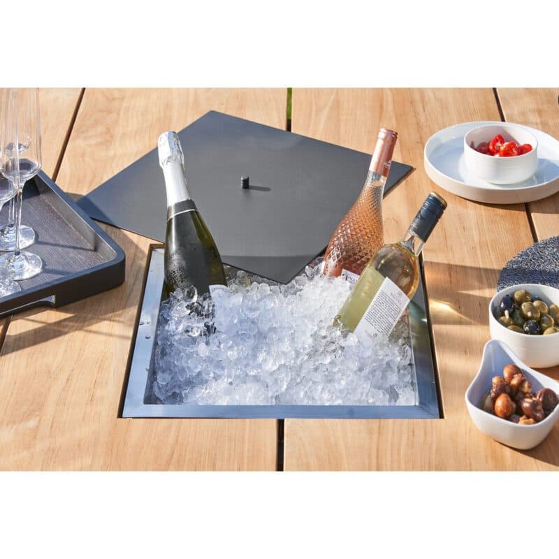 CASA DOMA "Siderno" Gartentisch 150x150 cm, Gestell Edelstahl anthrazit, Tischplatte Teak mit Flaschenkühler und Abdeckung