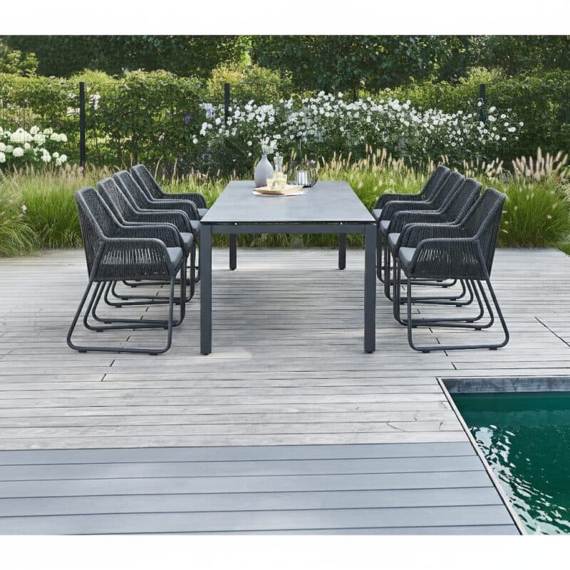 CASA DOMA "Cassano/Carini" Gartenmöbel-Set 9-tlg., Tisch Edelstahl anthrazit, HPL Platte chromix anthrazit, 260x100 cm, Sessel Gestell Aluminium, Sitzfläche Rope anthrazit, Sitzkissen Tuvatextil®