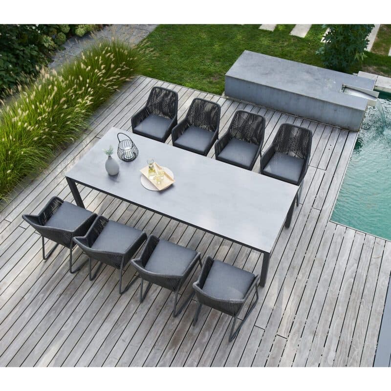 CASA DOMA "Cassano/Carini" Gartenmöbel-Set 9-tlg., Tisch Edelstahl anthrazit, HPL Platte chromix anthrazit, 260x100 cm, Sessel Gestell Aluminium, Sitzfläche Rope anthrazit, Sitzkissen Tuvatextil®