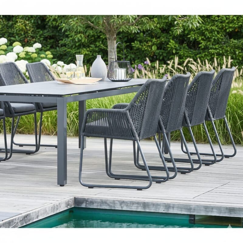 CASA DOMA "Cassano/Carini" Gartenmöbel-Set 9-tlg., Tisch Edelstahl anthrazit, HPL Platte chromix anthrazit, 260x100 cm, Sessel Gestell Aluminium, Sitzfläche Rope anthrazit, Sitzkissen Tuvatextil®