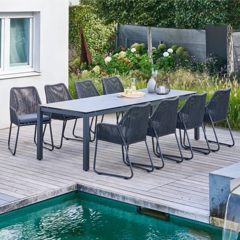 CASA DOMA "Cassano/Carini" Gartenmöbel-Set 9-tlg., Tisch Edelstahl anthrazit, HPL Platte chromix anthrazit, 260x100 cm, Sessel Gestell Aluminium, Sitzfläche Rope anthrazit, Sitzkissen Tuvatextil®