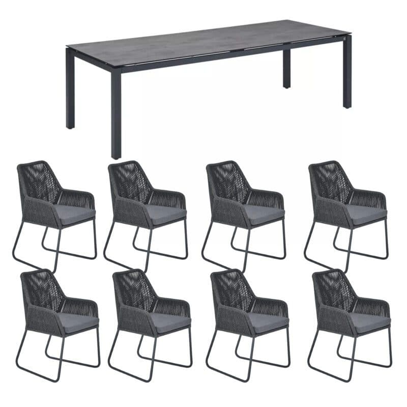 CASA DOMA "Cassano/Carini" Gartenmöbel-Set 9-tlg., Gestelle Edelstahl und Aluminium anthrazit, Sitzfläche Rope anthrazit, Sitzkissen Tuvatextil®, Gartentisch 260x100 cm mit HPL-Tischplatte Chromix anthrazit
